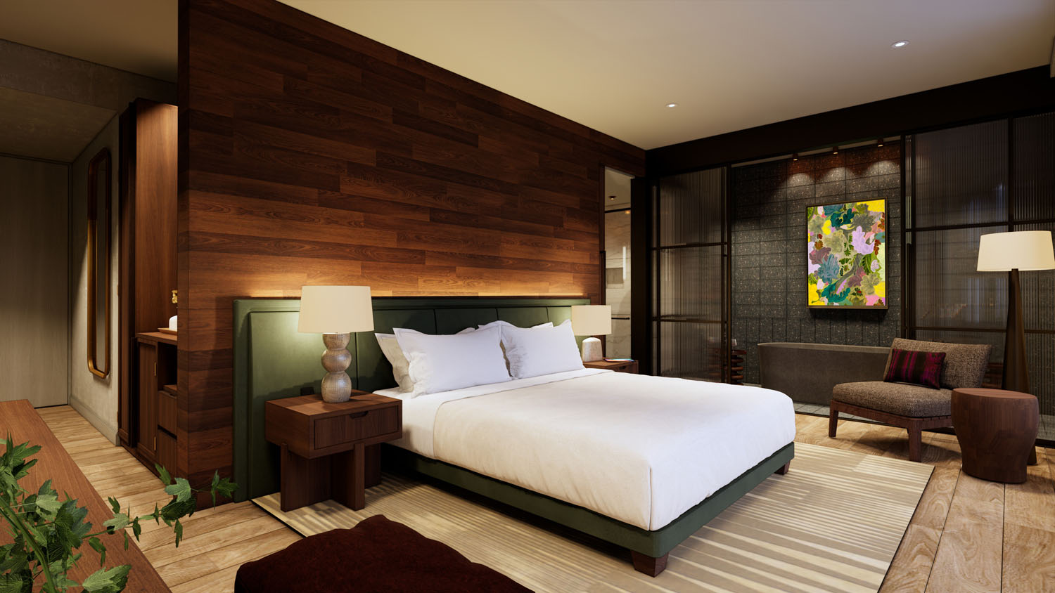 nterior view of a modern hotel room with warm wood accents, green headboard, and floral artwork by Amy Bay.