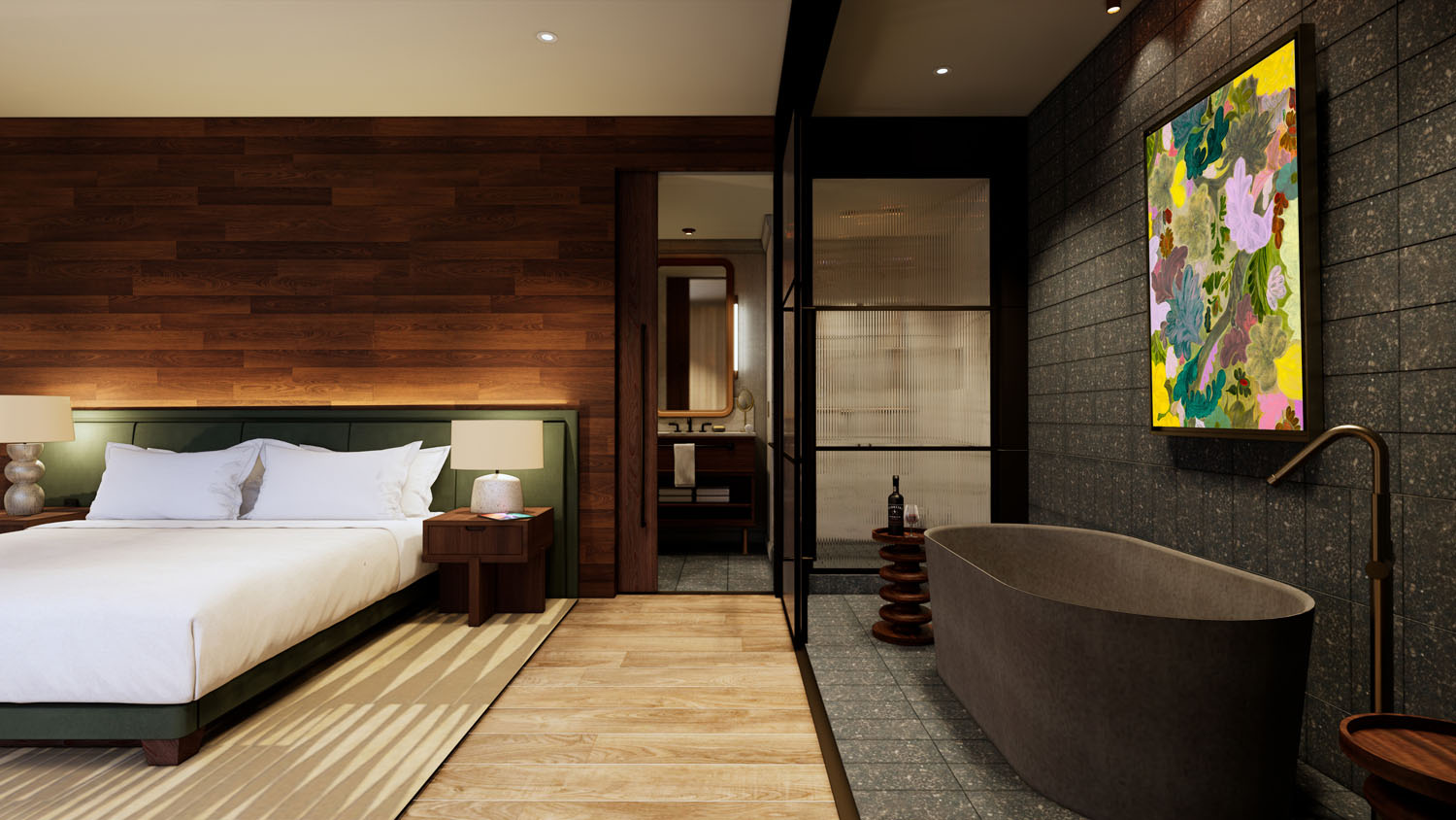 Contemporary hotel suite showing a freestanding stone bathtub, wood textures, and floral painting by Amy Bay.