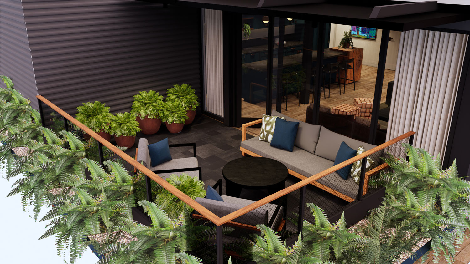 Rooftop suite patio with lounge furniture, potted ferns, and visible artwork by Cristina Martinez through the window.