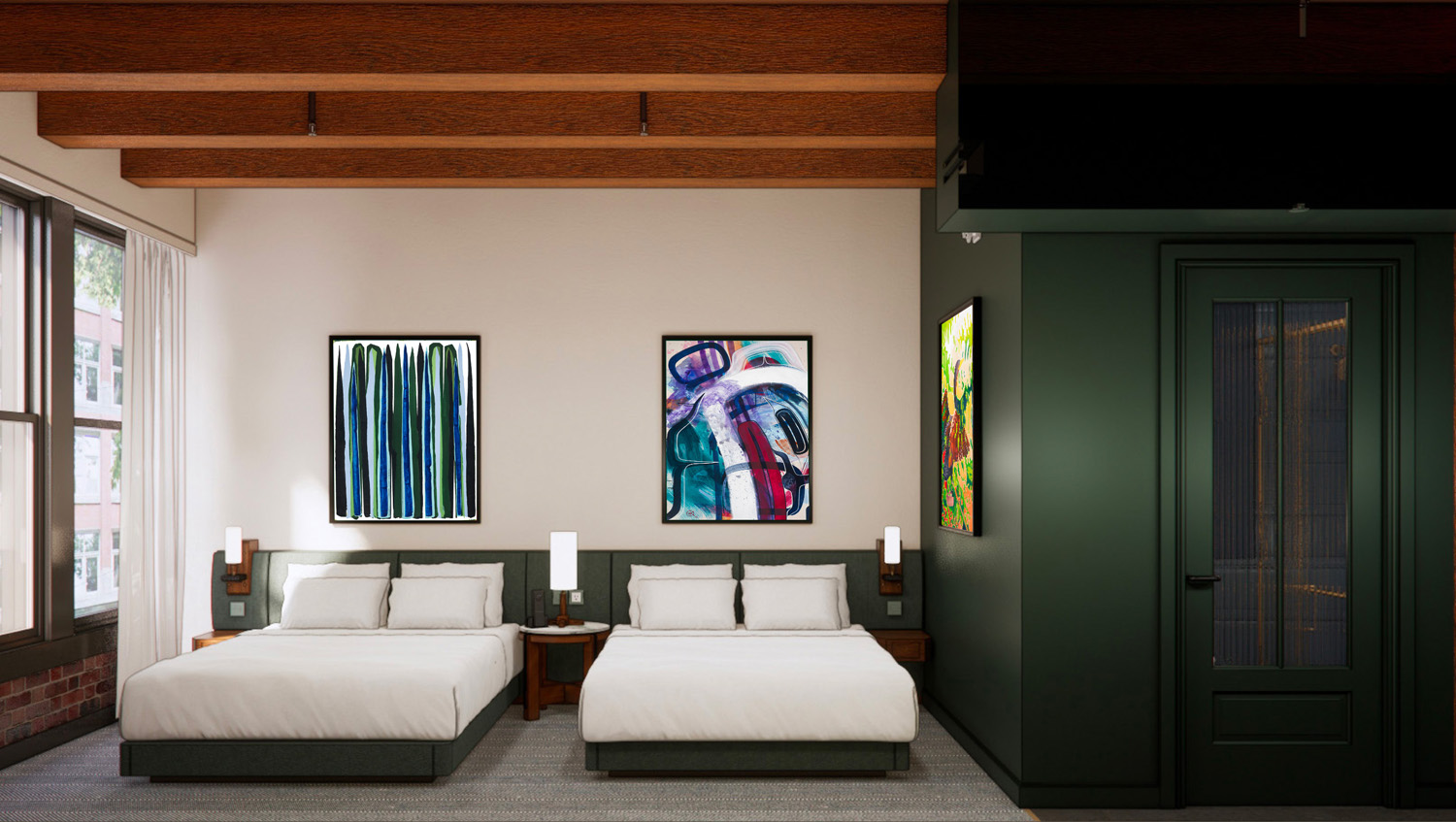 Interior of the Alder Double Queen Room at Populus Seattle, featuring two queen beds with white linens, modern green headboards, wooden side tables with mounted reading lamps, abstract artwork on the walls, exposed wood ceiling beams, and a dark green accent wall with a paneled door.