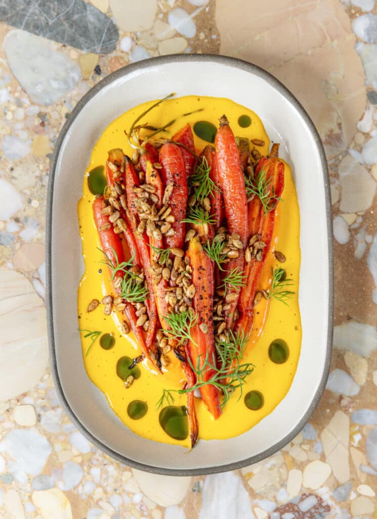 Roasted Carrots with Smoked Paprika, Toasted Seeds, Carrot Vinaigrette, and Dill