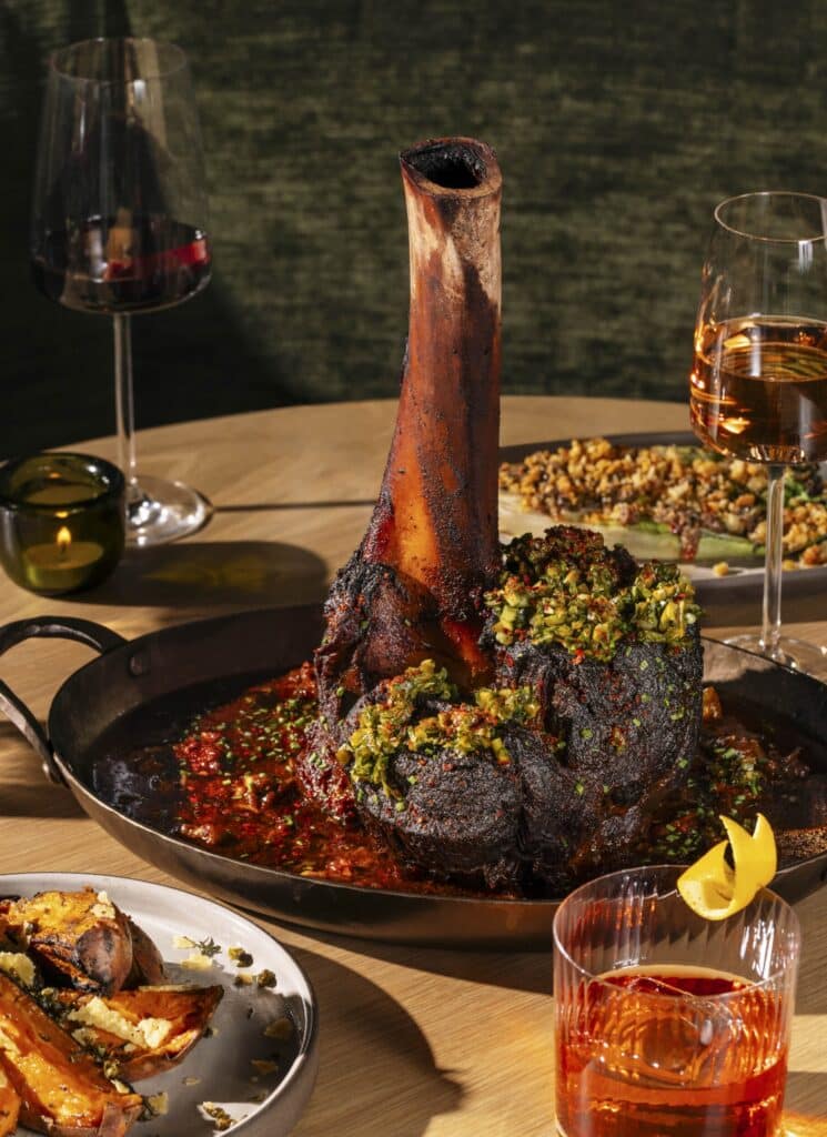 Thors Hammer Bison Shank with braised brassicas, pickled scapes, and aleppo pepper