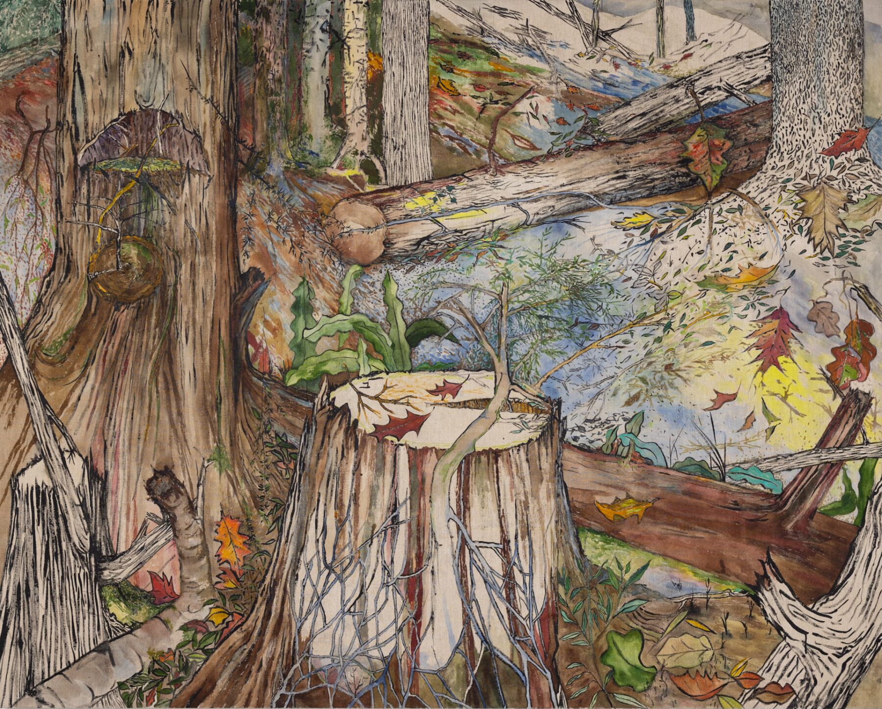 Intricate watercolor and ink painting of a forest floor featuring tree stumps, fallen logs, moss, leaves, and small plants in an autumn woodland setting.