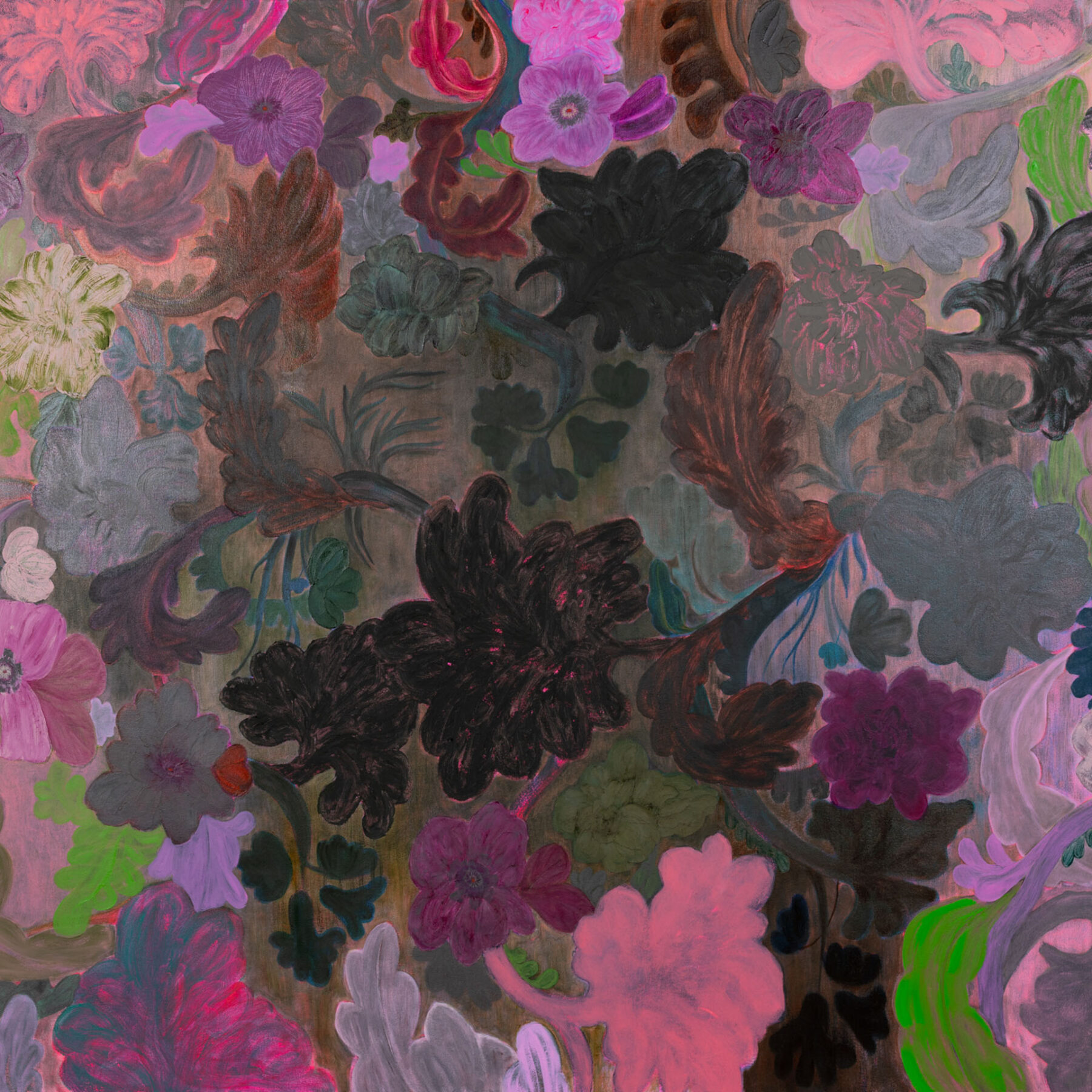A vivid abstract floral composition with overlapping petal-like forms in pinks, reds, and yellows outlined in dark contours on a cream canvas.