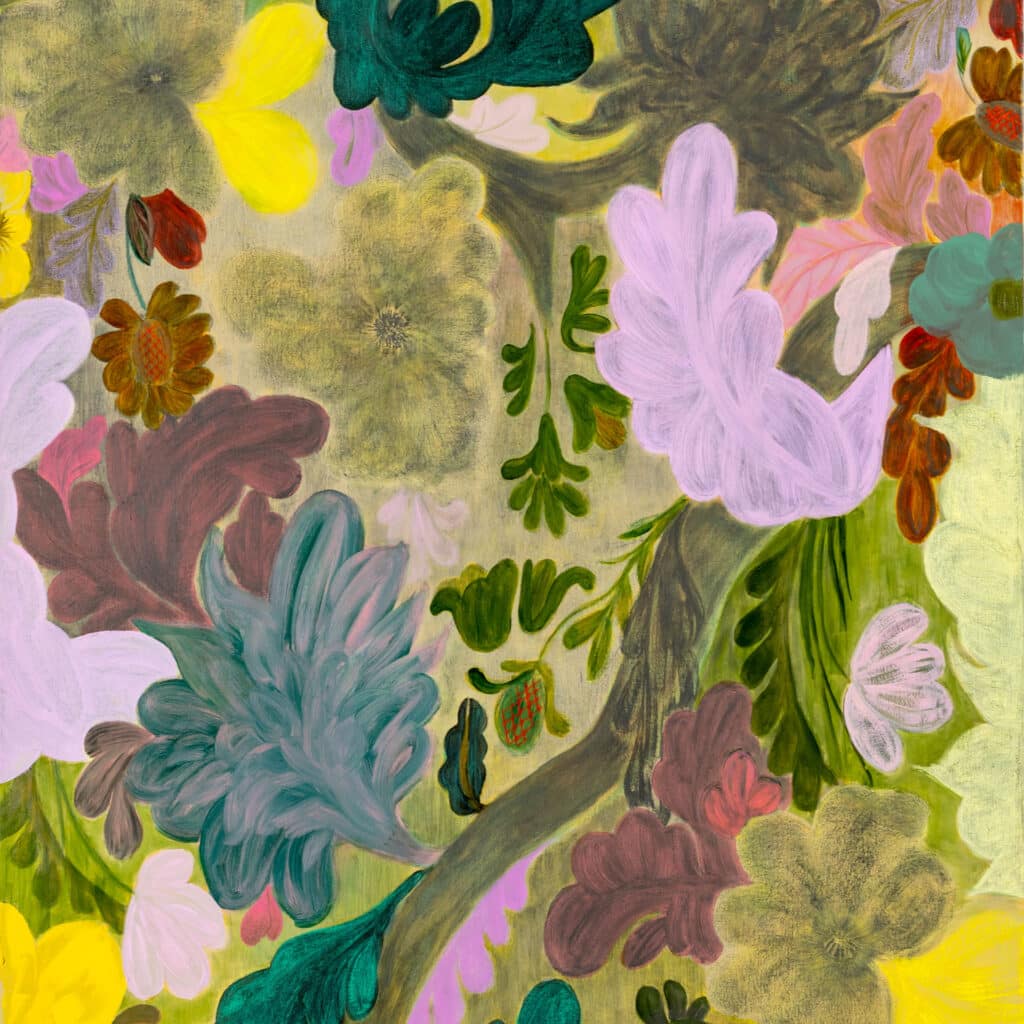 Soft pastel-toned painting with curved forms in rose and lavender, suggesting floral or organic shapes bordered by dark lines.