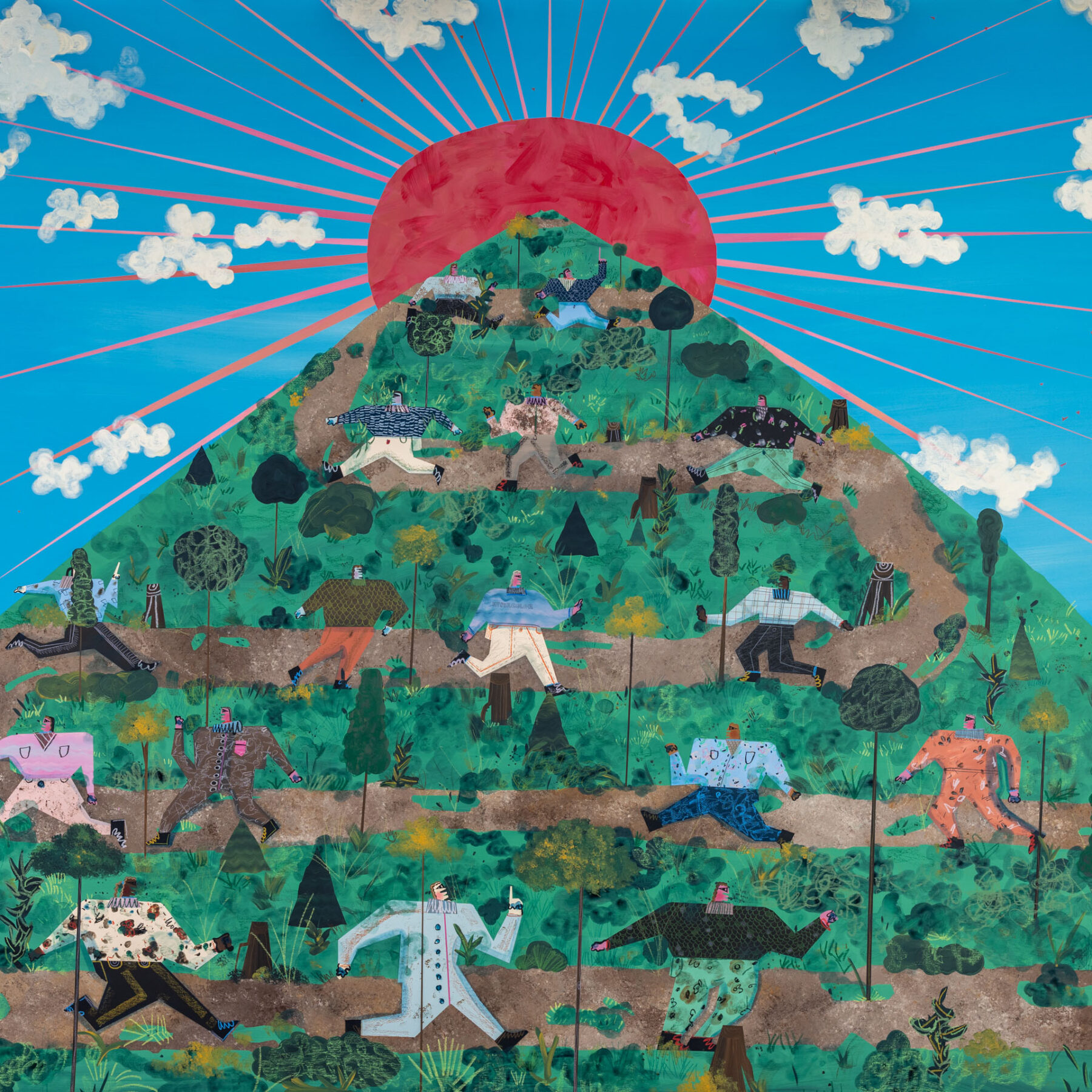 Narrative painting filled with small human figures and buildings, depicting a mountain-top village scene in a folk-art style.
