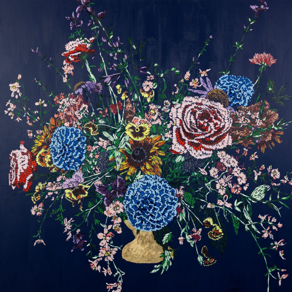 Vibrant circular floral forms floating in a deep red and black background, with gold leaf accents and glowing, layered brushwork.