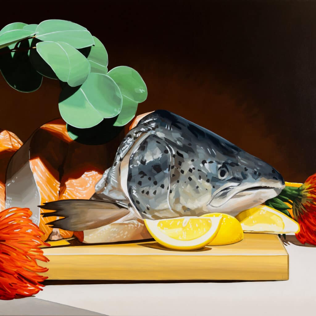 Highly detailed painting of fruits, vegetables, and herbs arranged across a dark background, creating a vibrant, still-life bounty.