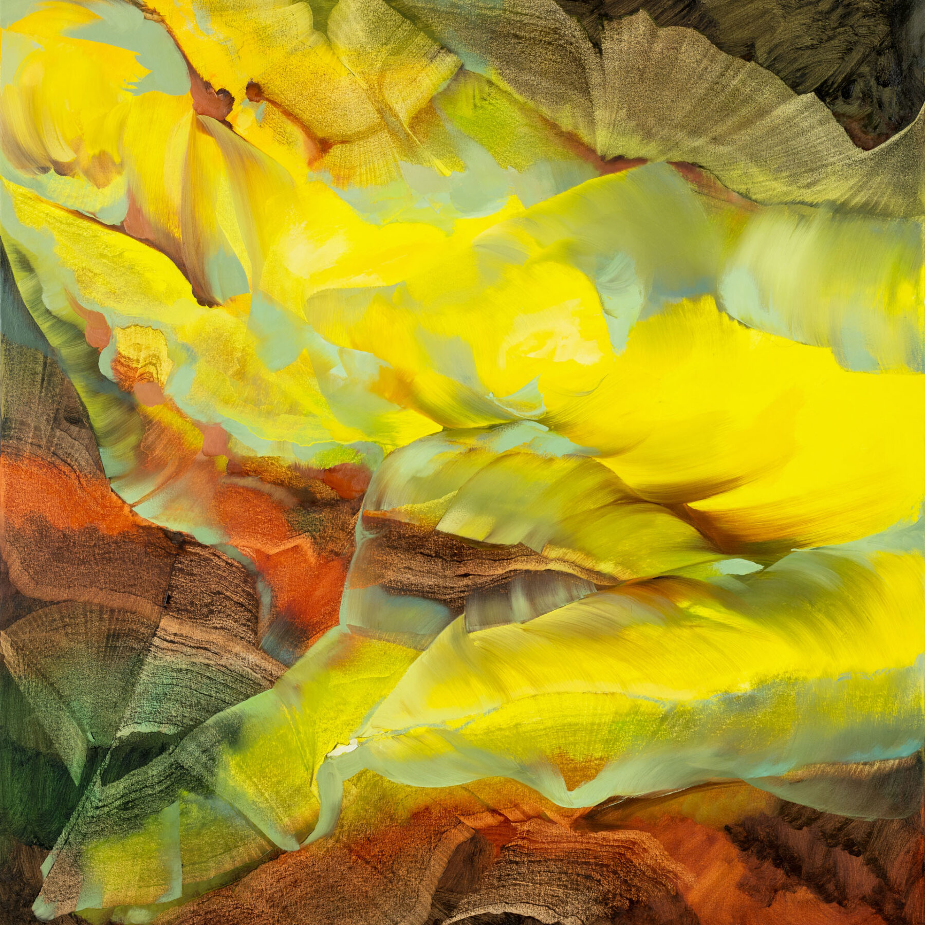 Bold abstract floral painting with vibrant orange and magenta blooms bursting through black and teal background layers.