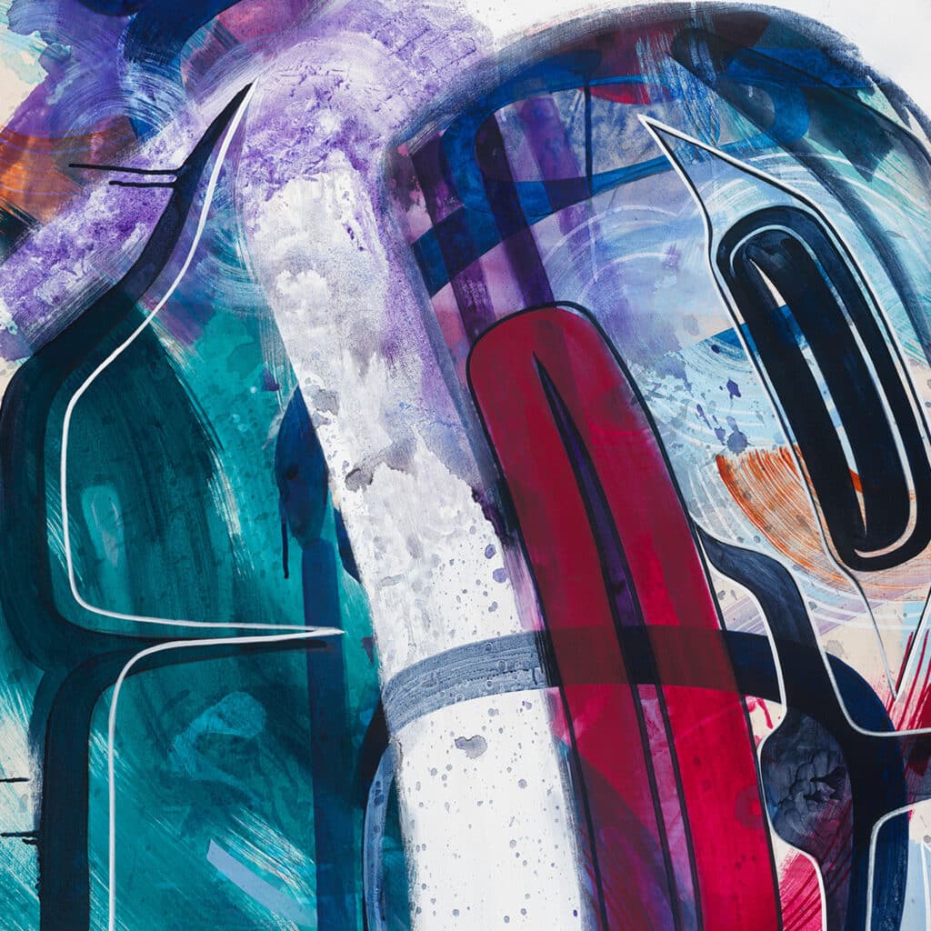 Abstract painting with layered blue, gold, and salmon pink fields, intersected by white grid marks and faded circular forms.