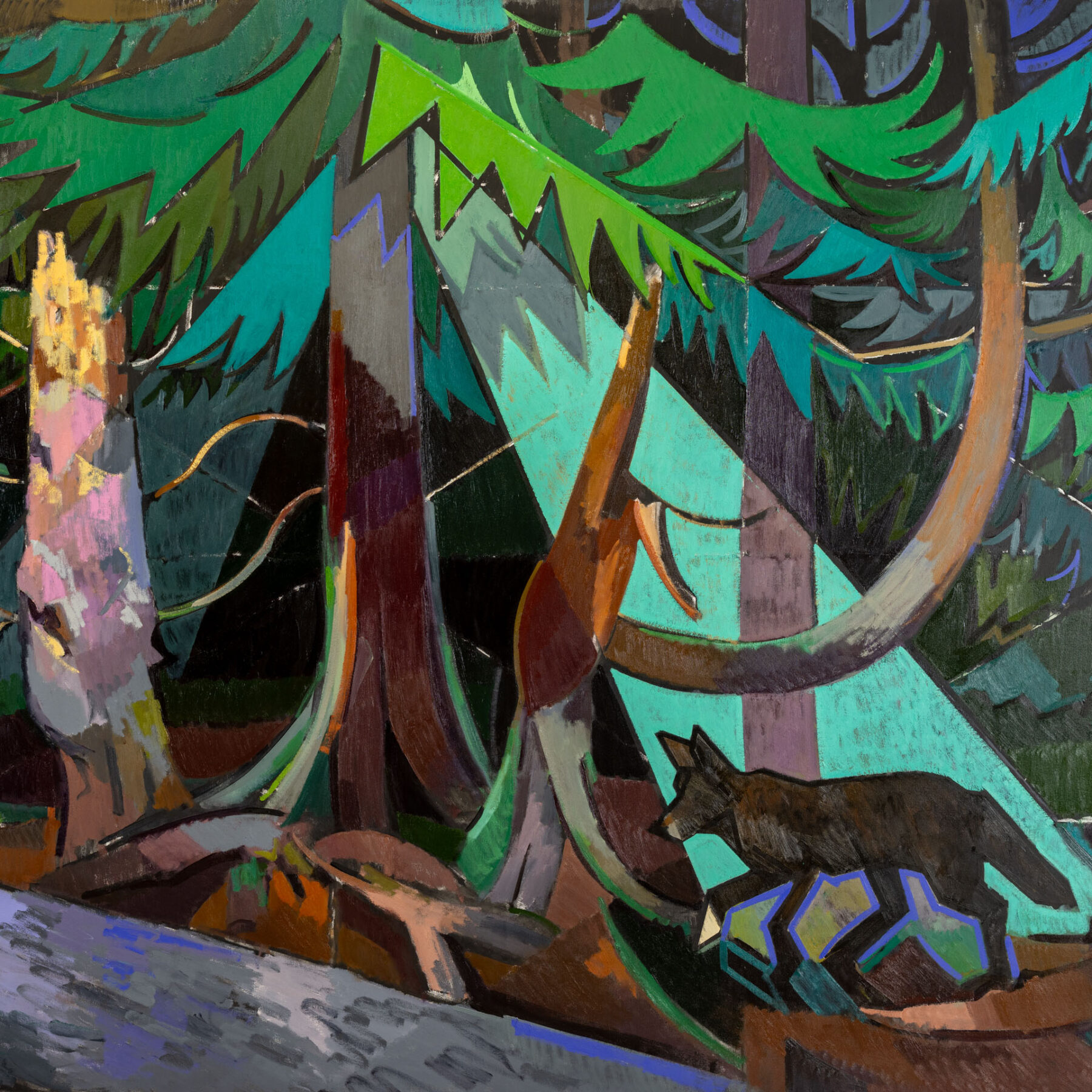 Moody landscape painting of a dense forest at night, using deep blue and purple tones with bright accents evoking starlight.