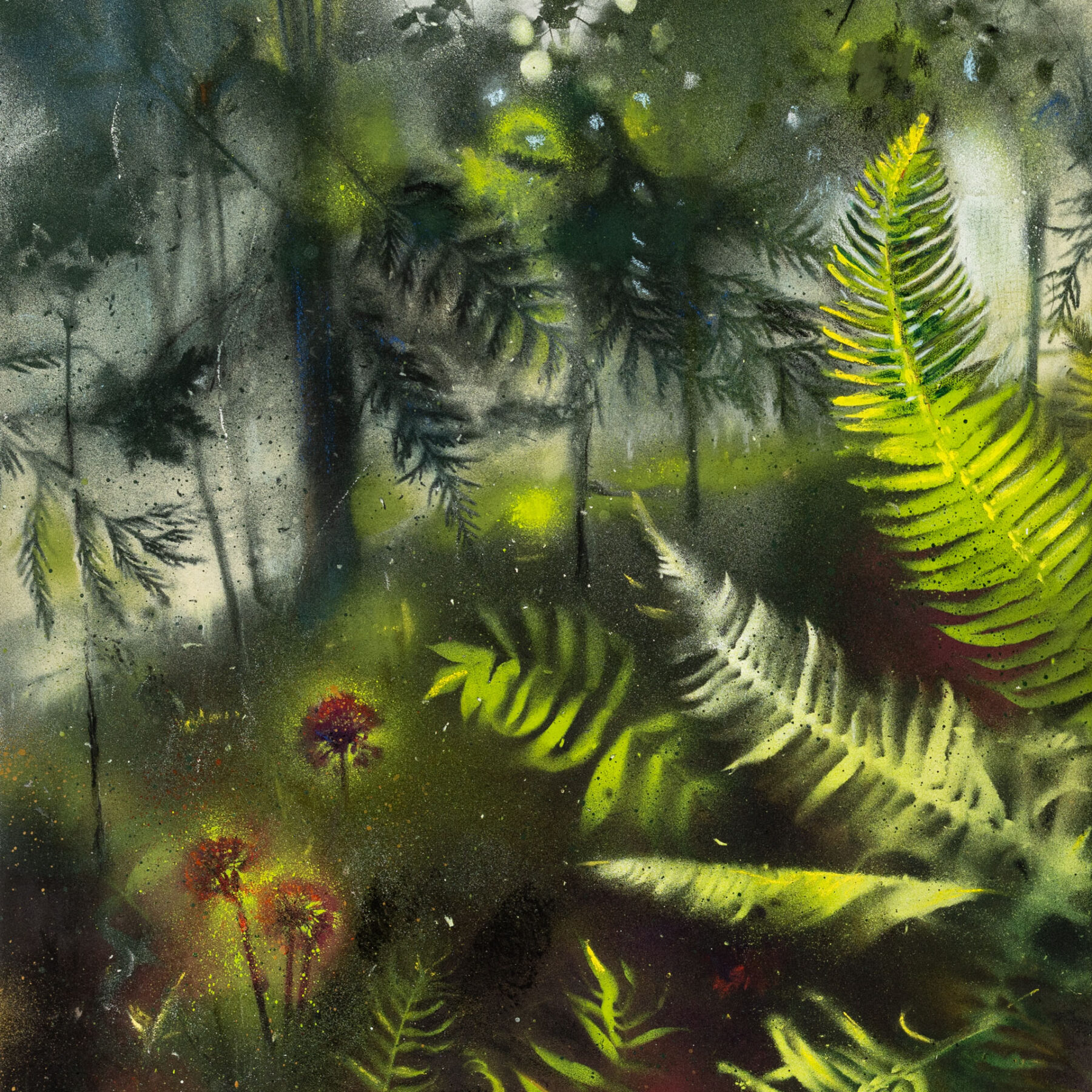 Mixed media work with botanical forms in green and lavender, layered with translucent washes and hand-drawn linework.