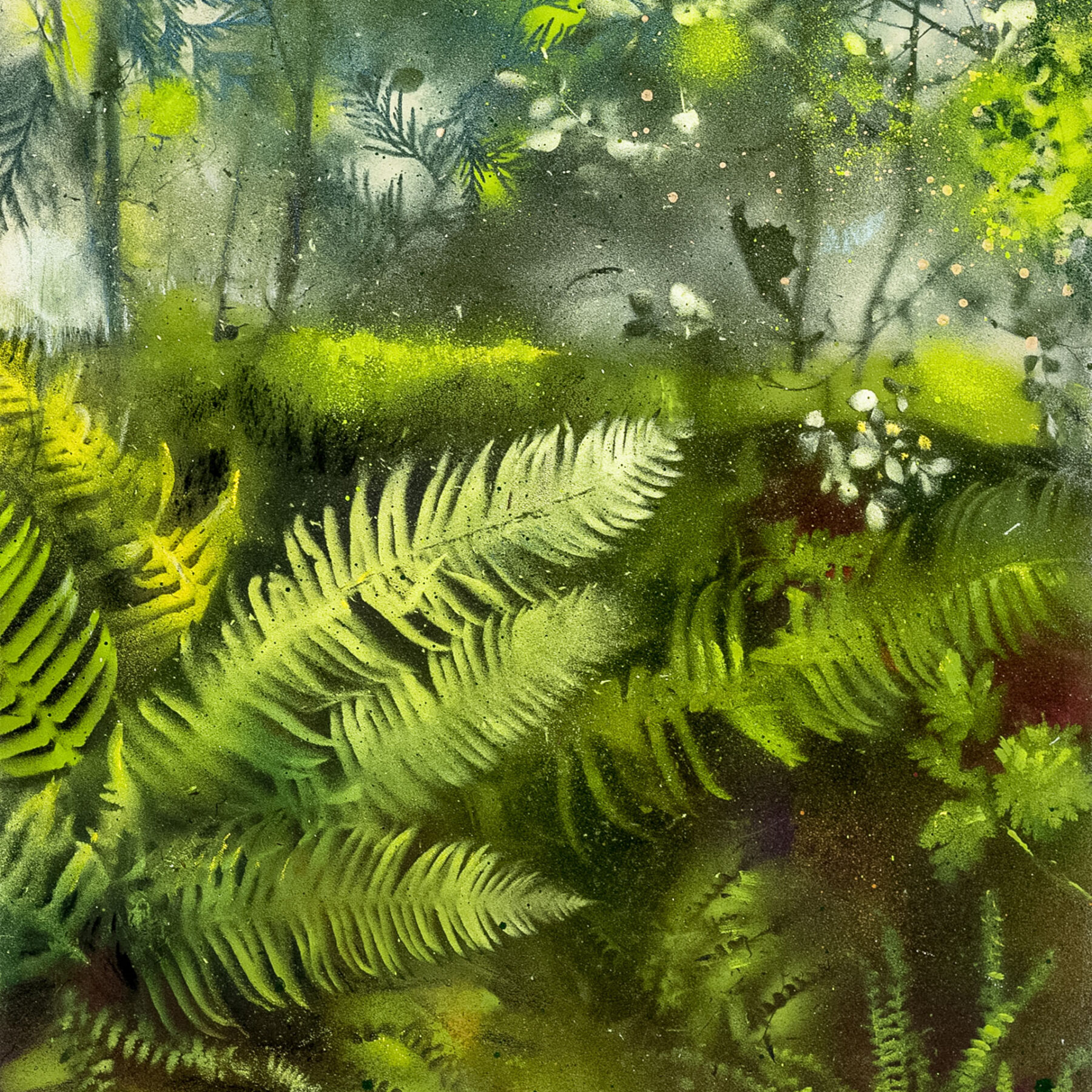 Companion piece to Leschi Park I, featuring leafy patterns and floral motifs in a pastel palette with overlapping organic textures.