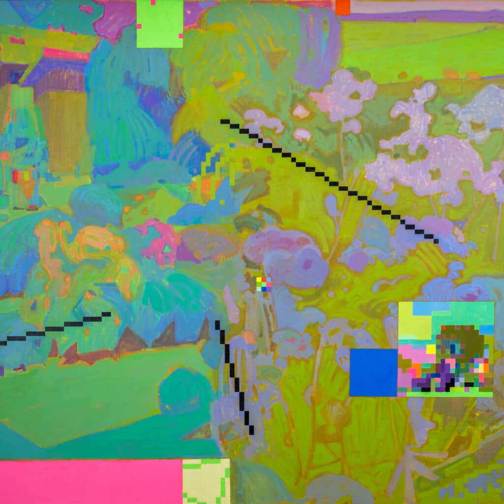 Large-scale surreal garden scene with intertwined vines, blossoms, and human-like forms blending into a dreamlike jungle setting.