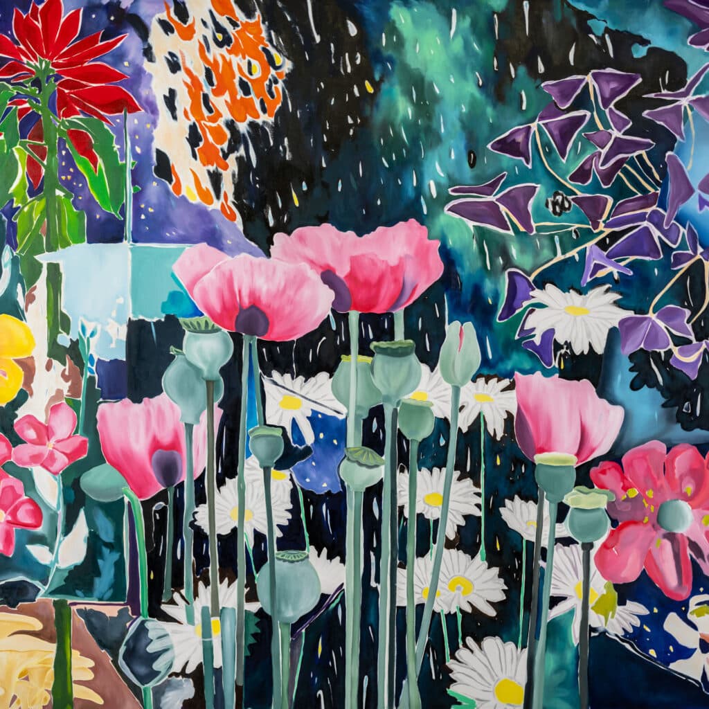 Large expressive painting with colorful gestural marks, cartoon-like faces, and playful scribbles on a layered background of blues and pinks.