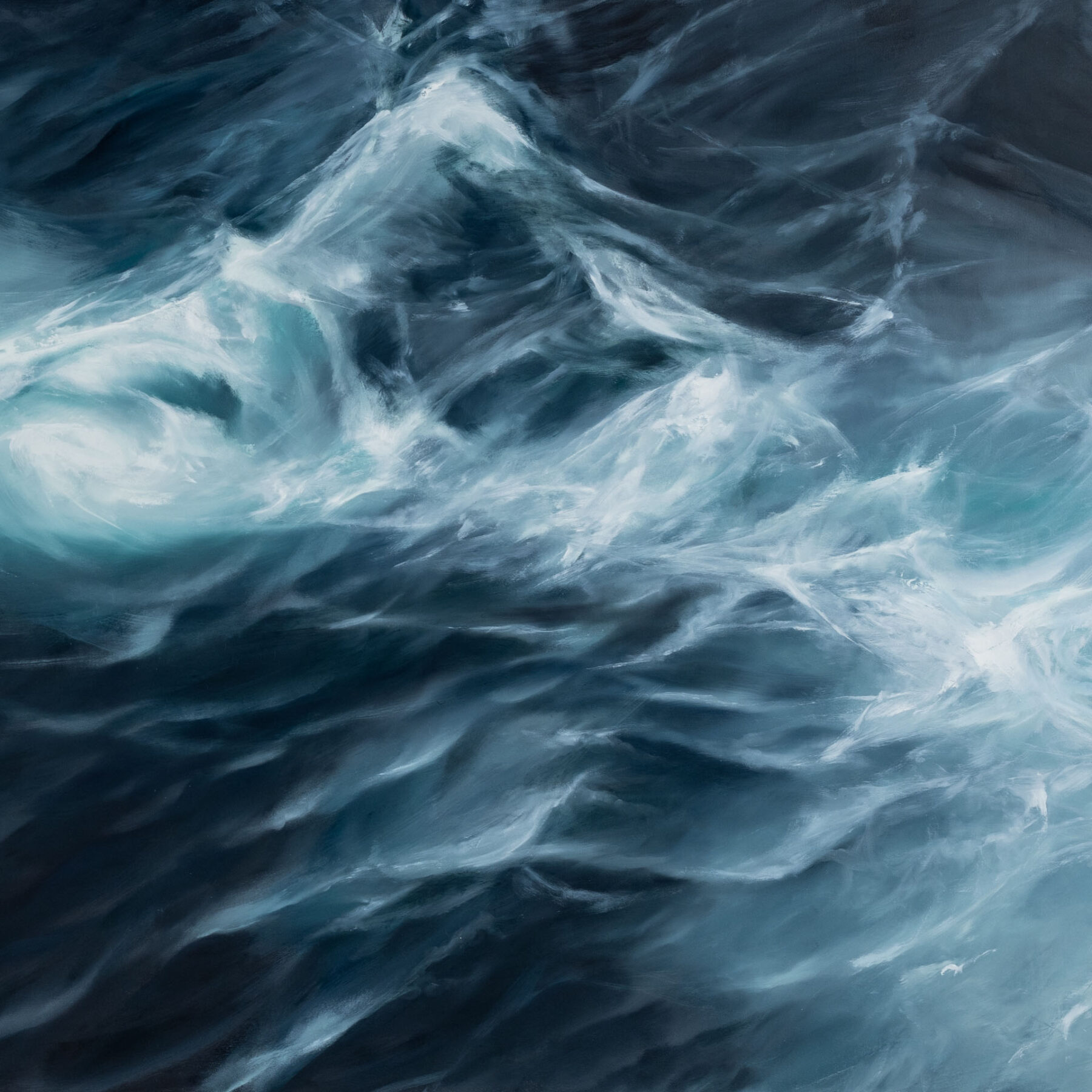 Wide-format landscape with abstract oceanic layers in beige, navy, and slate blue, evoking motion through sweeping horizontal brushstrokes.