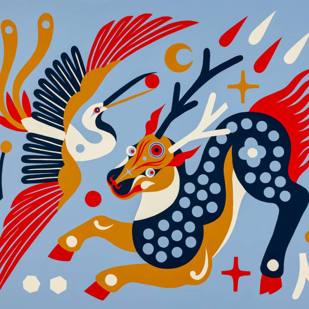 Bold, stylized nature scene with lightning bolts, swirling clouds, flowers, and animals in vivid blues, yellows, and greens.