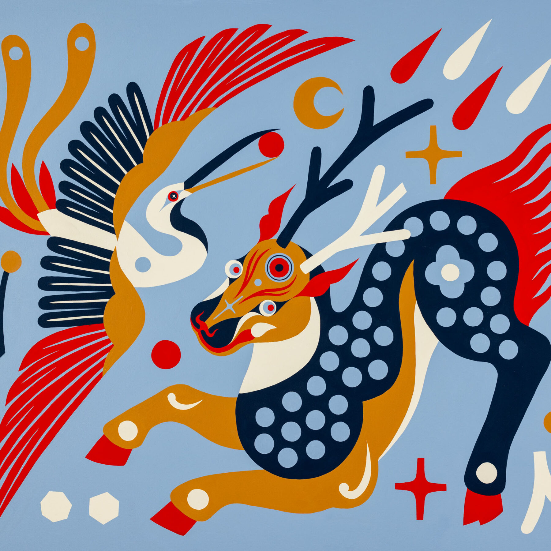 Bold, stylized nature scene with lightning bolts, swirling clouds, flowers, and animals in vivid blues, yellows, and greens.