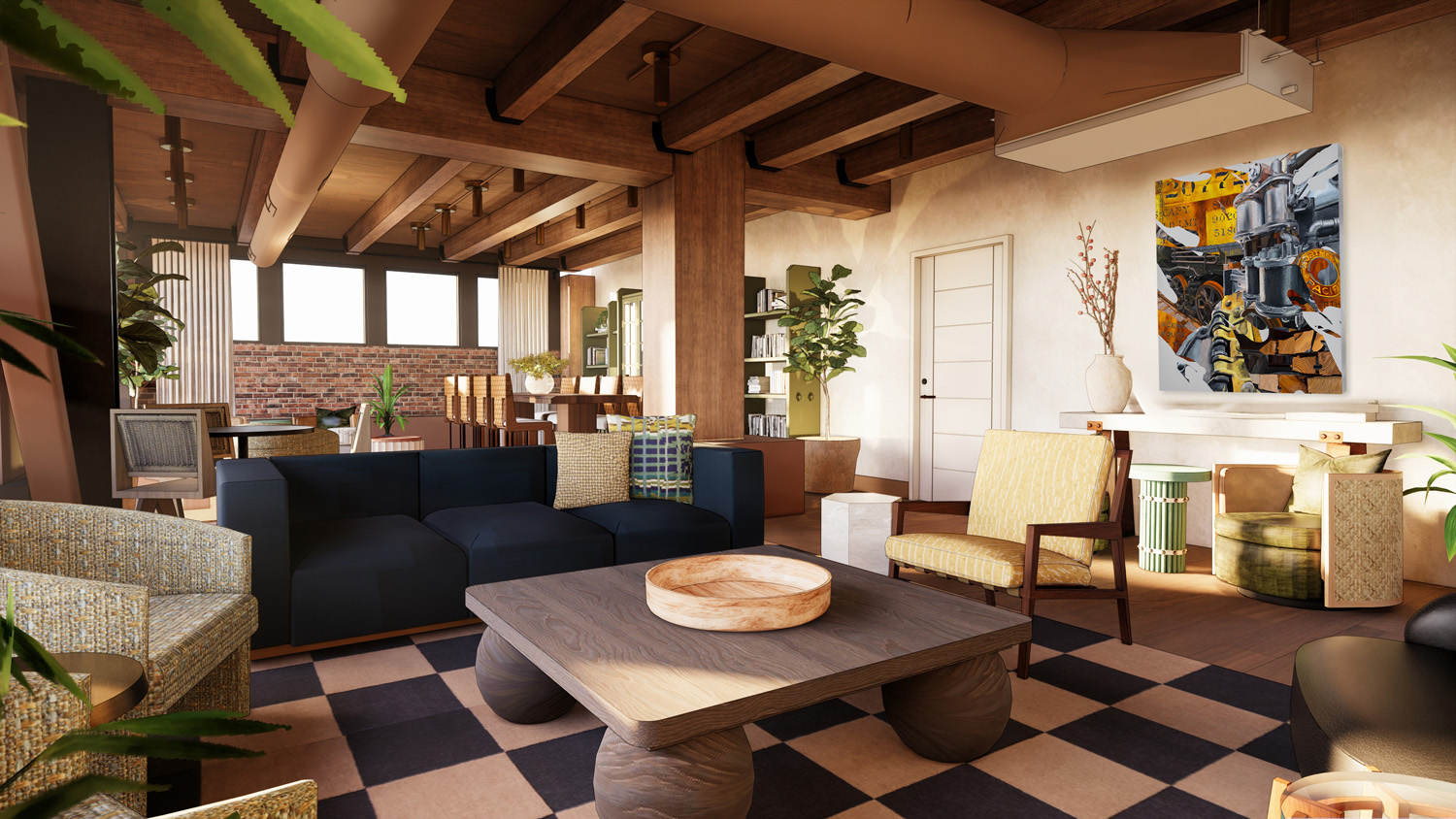 Rendered interior of the Populus Seattle library featuring a cozy, design-forward lounge with checkered flooring, a navy blue sectional sofa, wood furniture, built-in bookshelves, potted plants, and modern art on cream-colored walls under exposed wood beams.