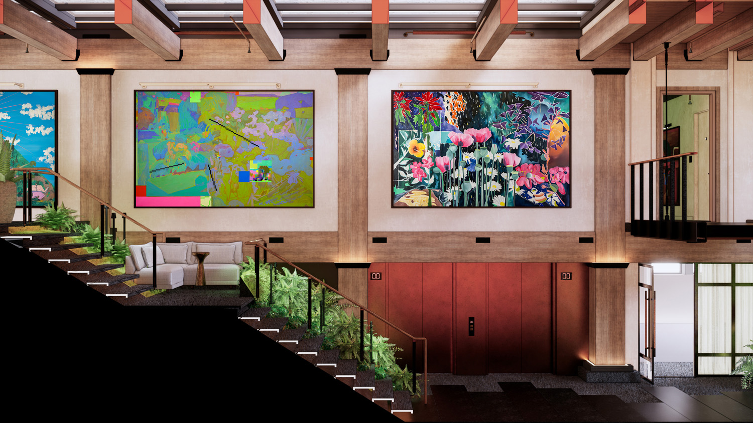Interior rendering of the Populus Seattle hotel lobby showcasing a staircase with greenery, modern lounge seating, and vibrant, oversized floral and abstract art pieces mounted on the walls beneath exposed wood ceiling beams.