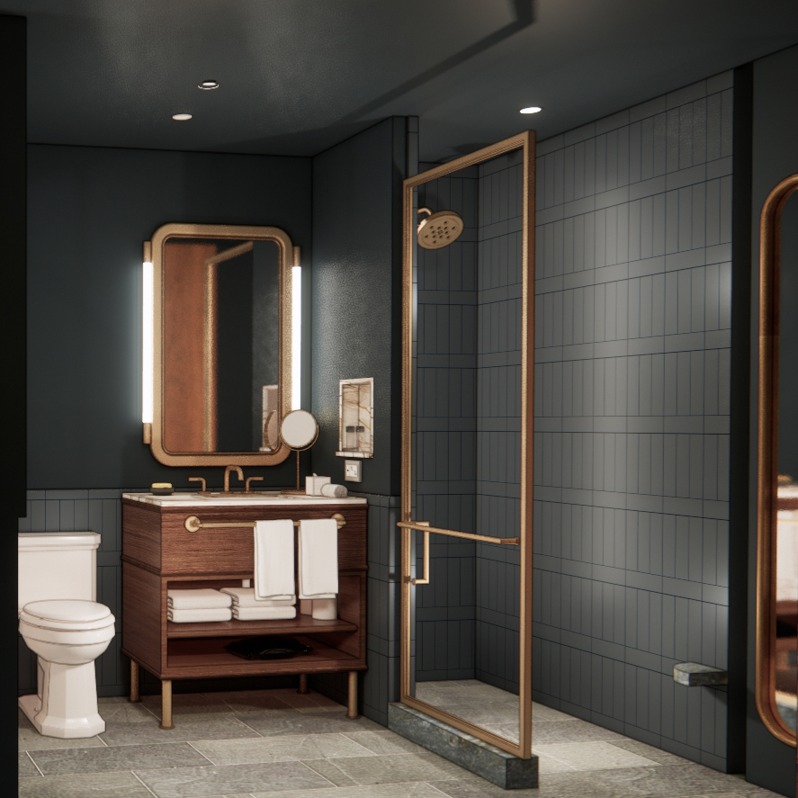Modern hotel bathroom with a walk-in glass shower, wood vanity, and gold fixtures at Populus Seattle