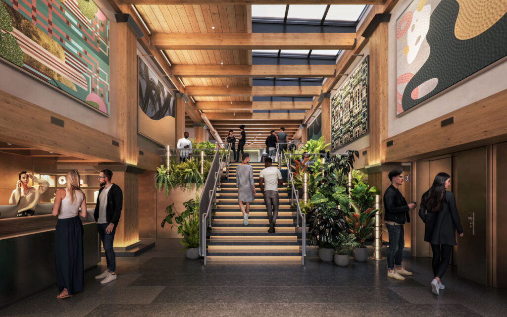 Interior rendering of Populus Seattle’s hotel lobby, featuring a grand staircase lined with lush plants, wood-beam ceiling with skylights, colorful modern art on the walls, and guests interacting near the check-in desk and elevators.