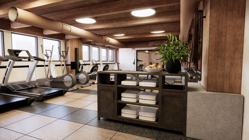 Rendered view of the Populus Seattle hotel gym, featuring treadmills, elliptical machines, and free weights in a wood-accented space with large windows, overhead lighting, a towel station, and a bowl of fresh apples.