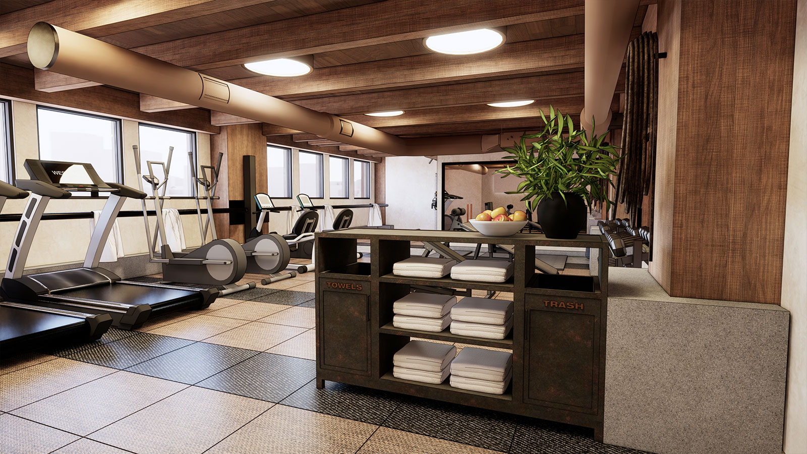 Rendered view of the Populus Seattle hotel gym, featuring treadmills, elliptical machines, and free weights in a wood-accented space with large windows, overhead lighting, a towel station, and a bowl of fresh apples.