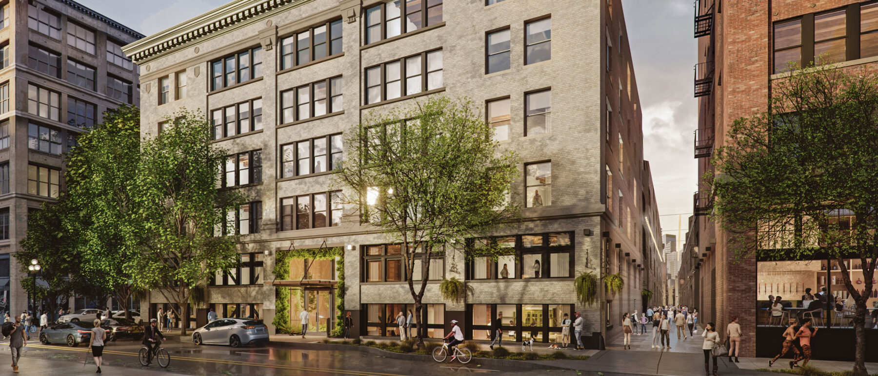 A rendered image of Populus Seattle boutique hotel, showing a modern exterior with clean lines and textured surfaces, illuminated by soft, directional light with a blurred urban backdrop.