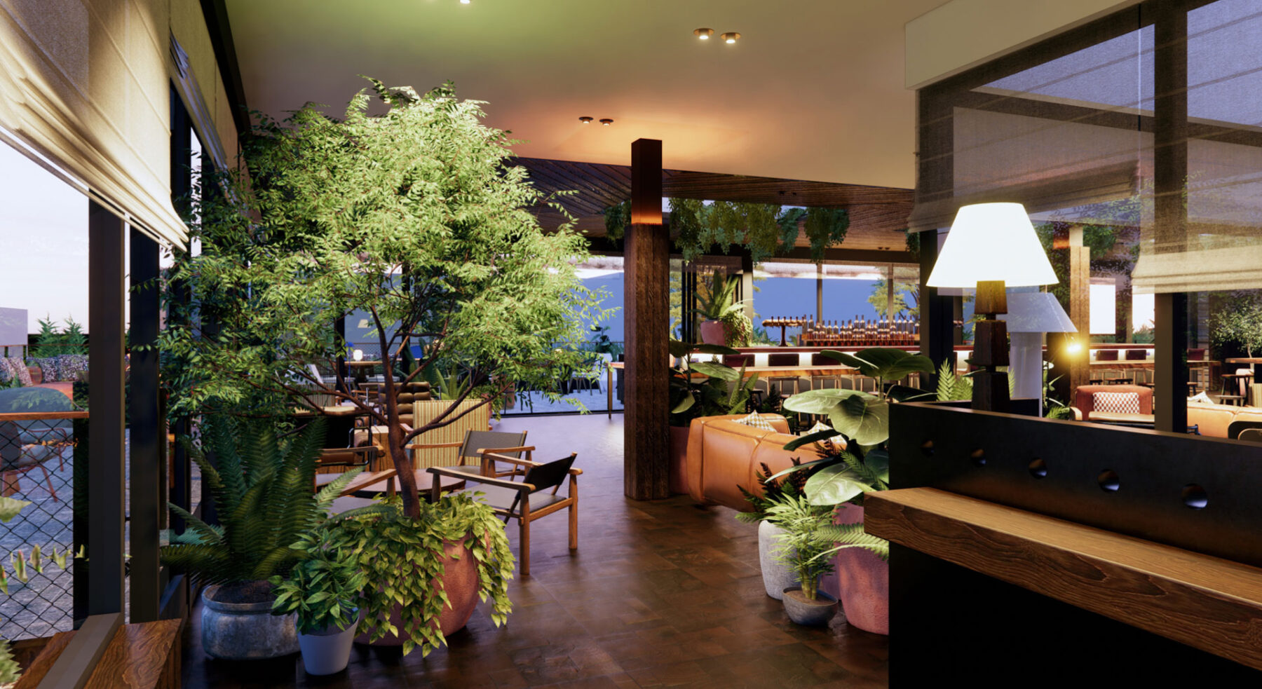 Chic rooftop bar and dining area at Populus Seattle, featuring a long wooden communal table, potted plants, warm lighting, and modern decor beneath a skylit ceiling