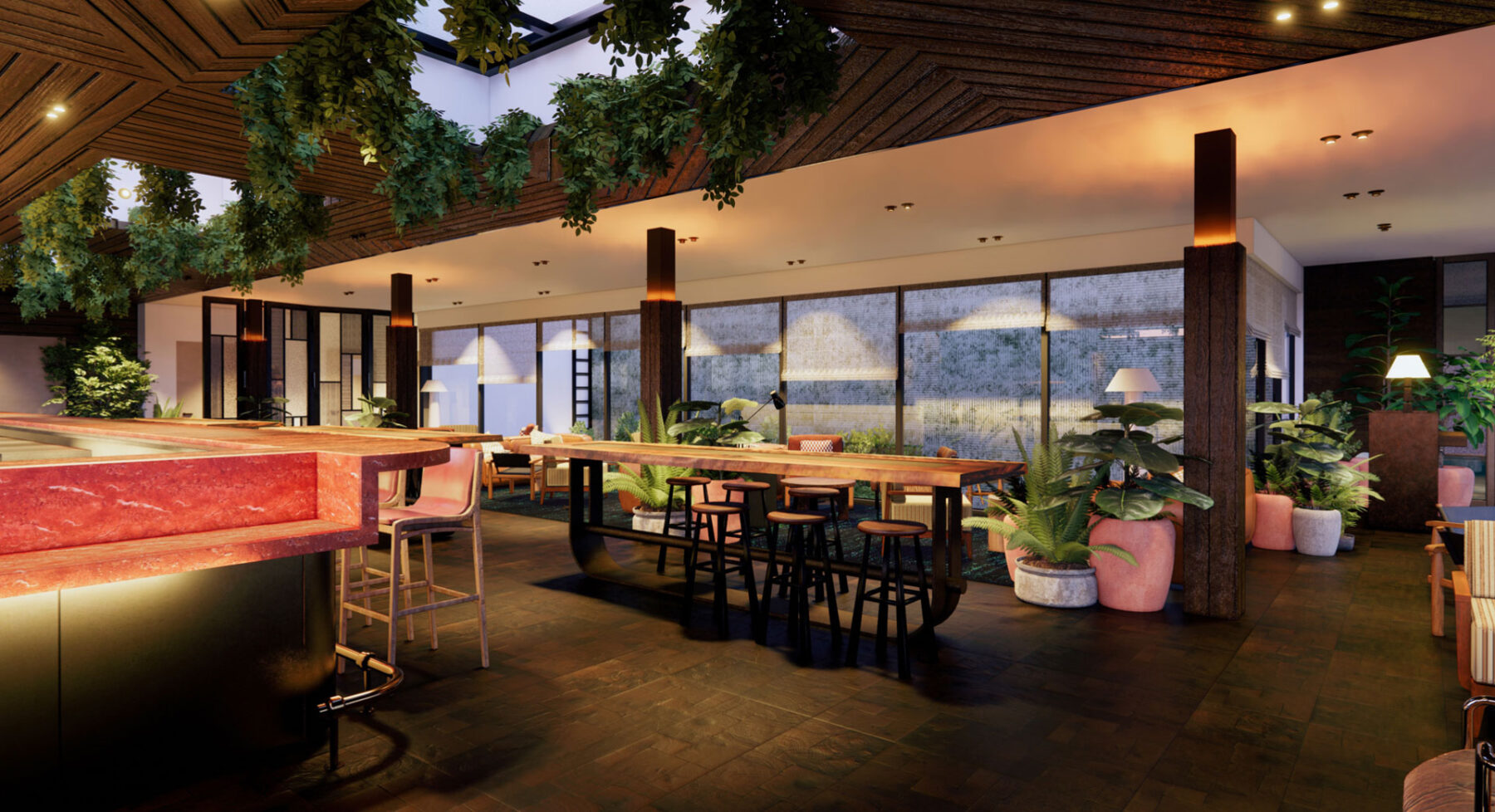 Modern rooftop bar and lounge at Populus Seattle featuring a vibrant red counter, communal wood tables, lush indoor plants, and moody evening lighting beneath a geometric ceiling