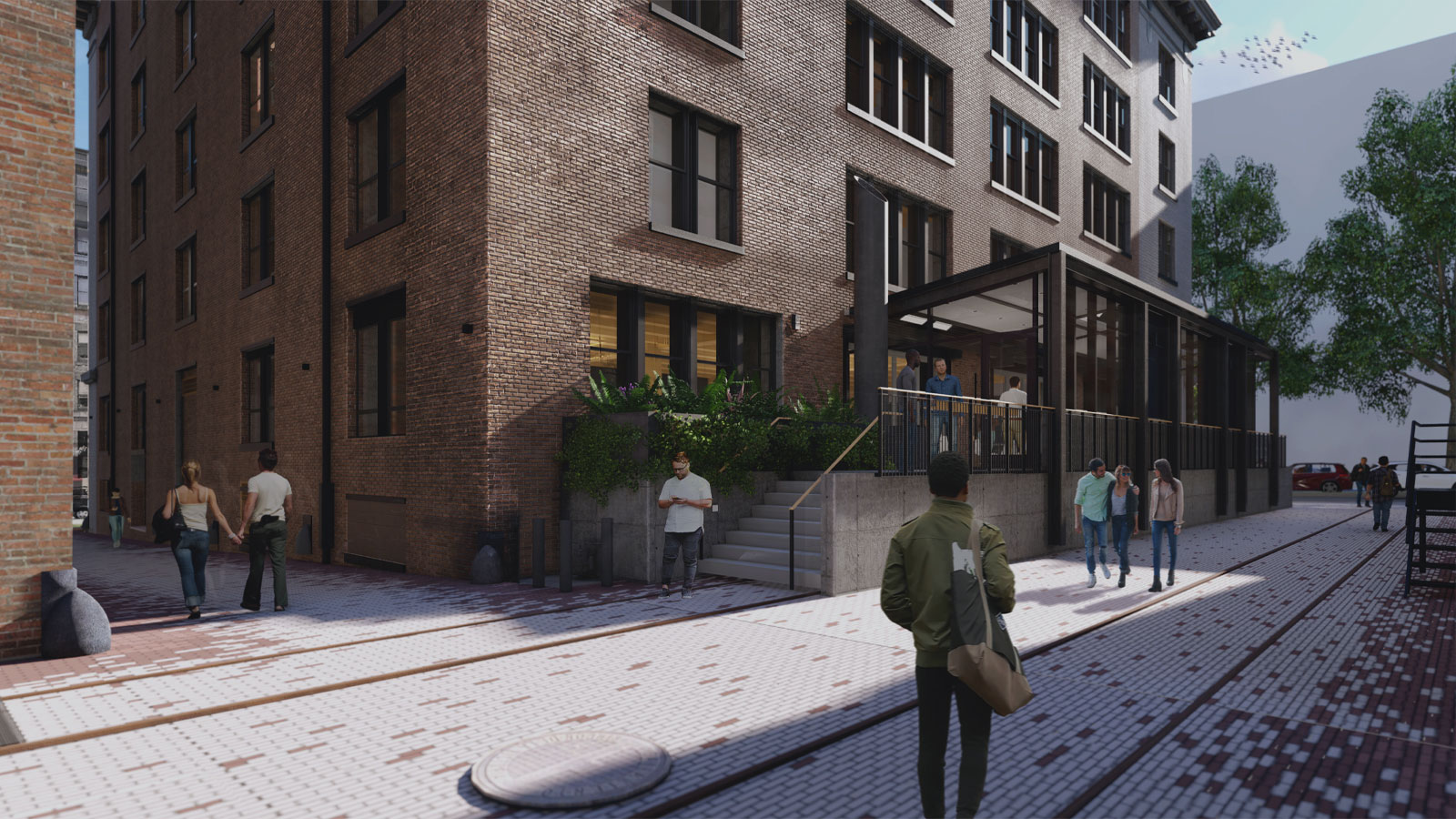 Digital rendering of the Populus Seattle hotel exterior, showcasing a historic brick facade with large windows, modern black-framed glass entry, raised patio with railing, and people walking along a cobblestone street with embedded rail tracks.