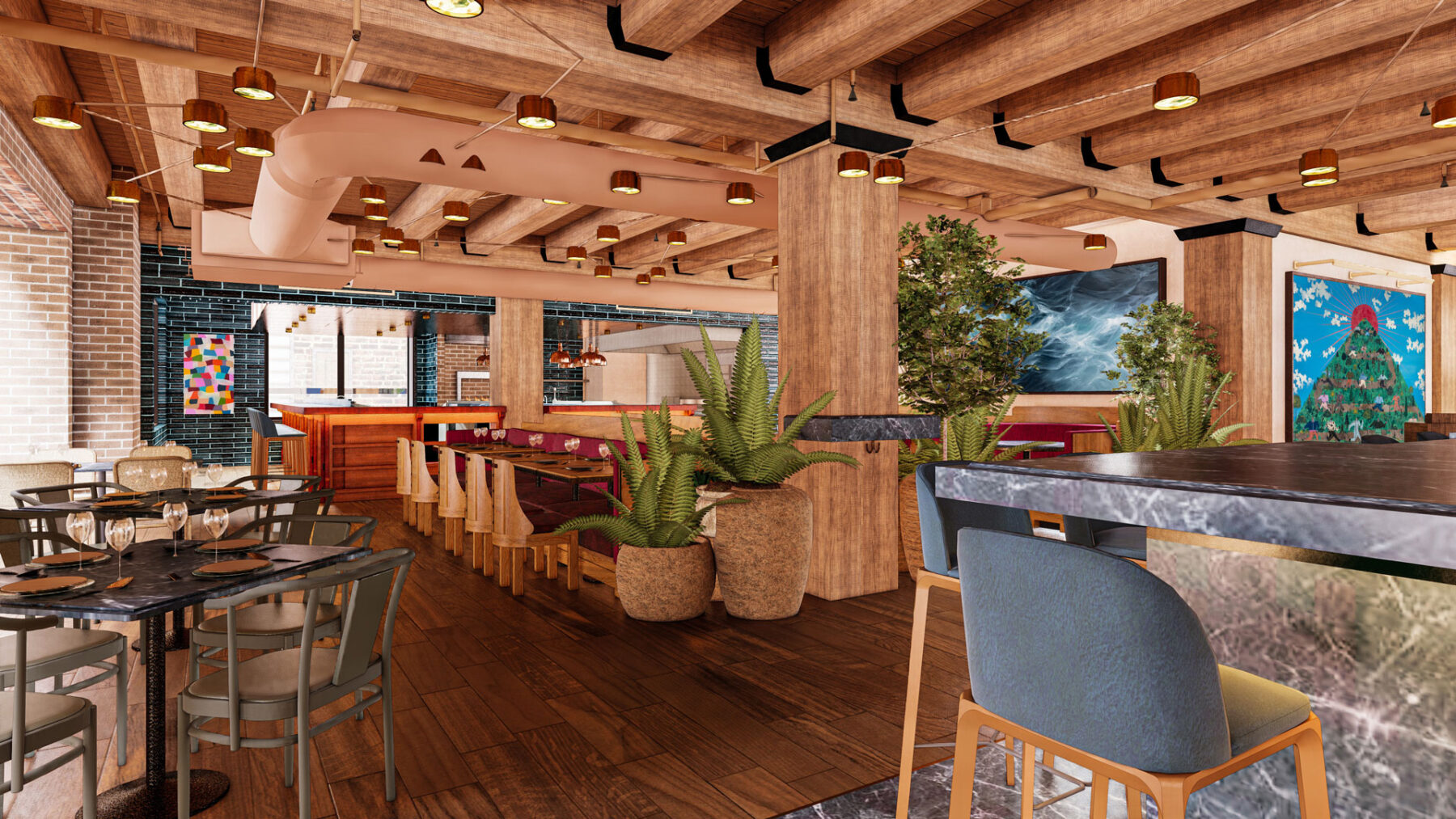 Spacious, art-filled dining area at Populus Seattle with wood beam ceilings, modern furnishings, and colorful contemporary artwork