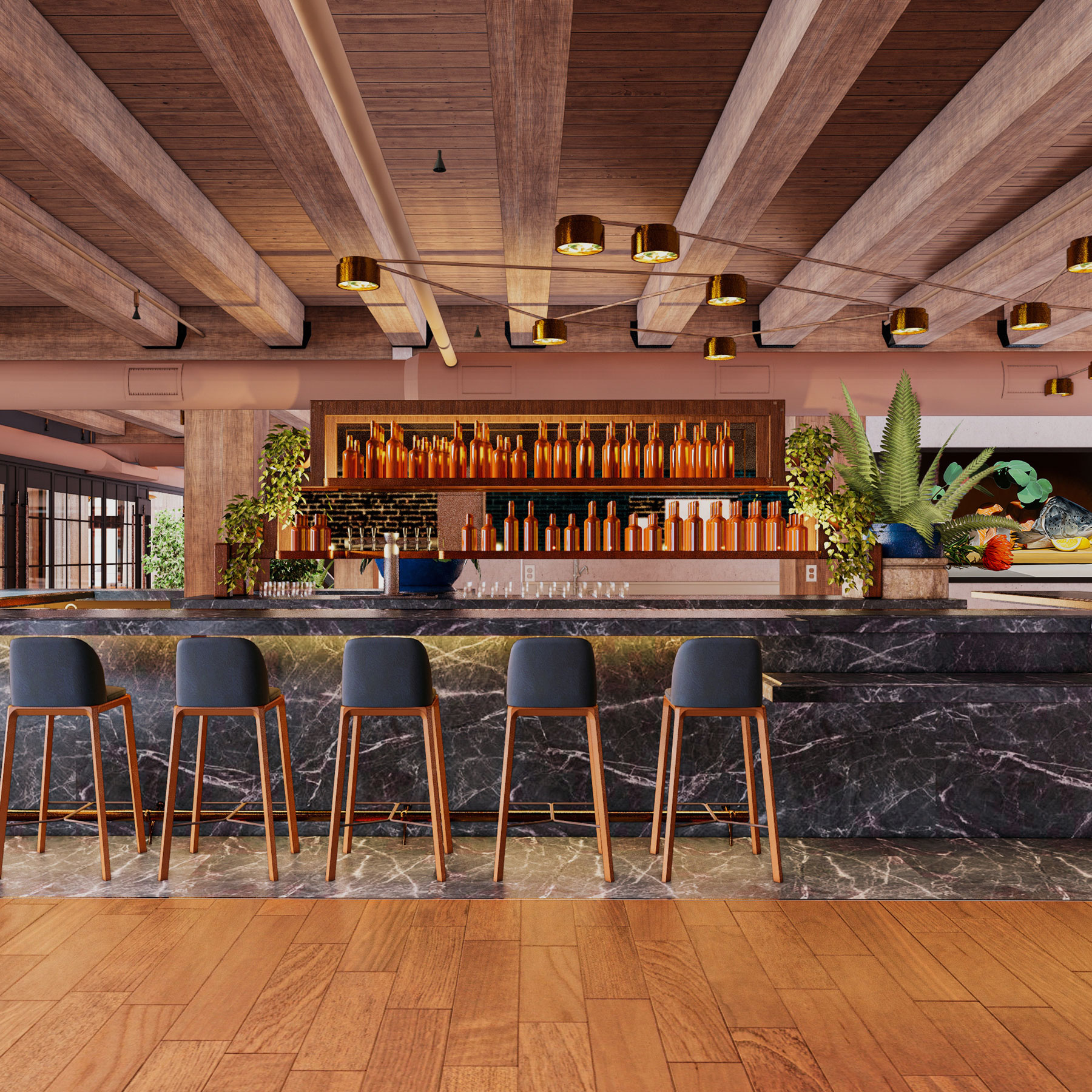 A contemporary bar with a sleek, modern design. The bar's marble counter is surrounded by stylish, light wooden stools with gray cushioned seats. Overhead, wooden beams and warm lighting create an inviting ambiance. The background features plants, shelves of bottles, and a brick wall that adds texture. Soft, natural light filters through the windows, enhancing the warm color scheme. The composition captures the bar from a low angle, emphasizing the spacious and open atmosphere, creating a welcoming and sophisticated mood.