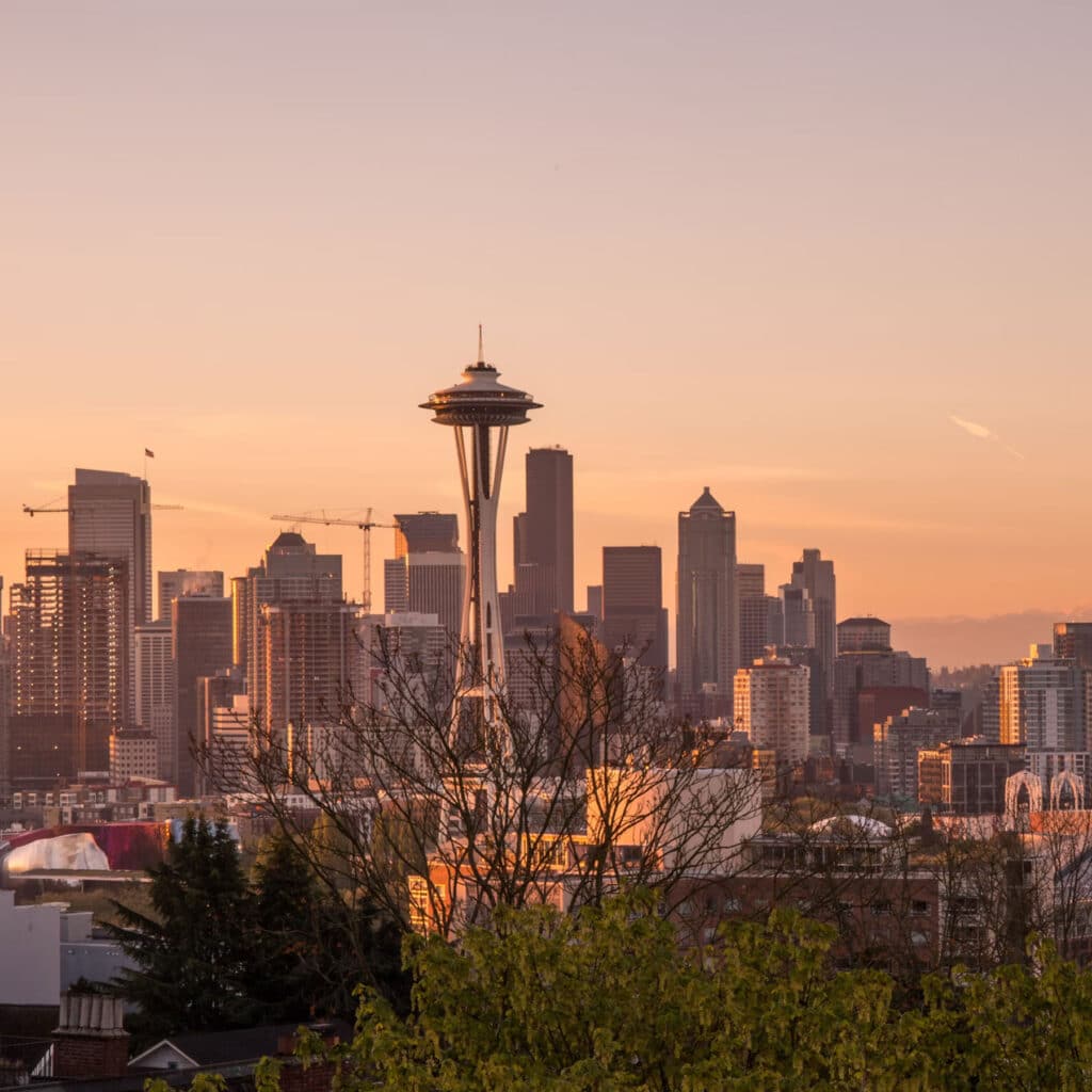A Seattle skyline during sunset, featuring a prominent tower at the center amidst various skyscrapers. The scene is bathed in warm orange and pink hues, creating a tranquil atmosphere. Trees in the foreground add a natural contrast to the urban landscape. The image is captured from a slightly elevated perspective, showcasing the iconic architecture against a clear sky. The composition highlights the juxtaposition of nature and city, with an emphasis on the towering structure as a focal point, surrounded by the bustling cityscape.