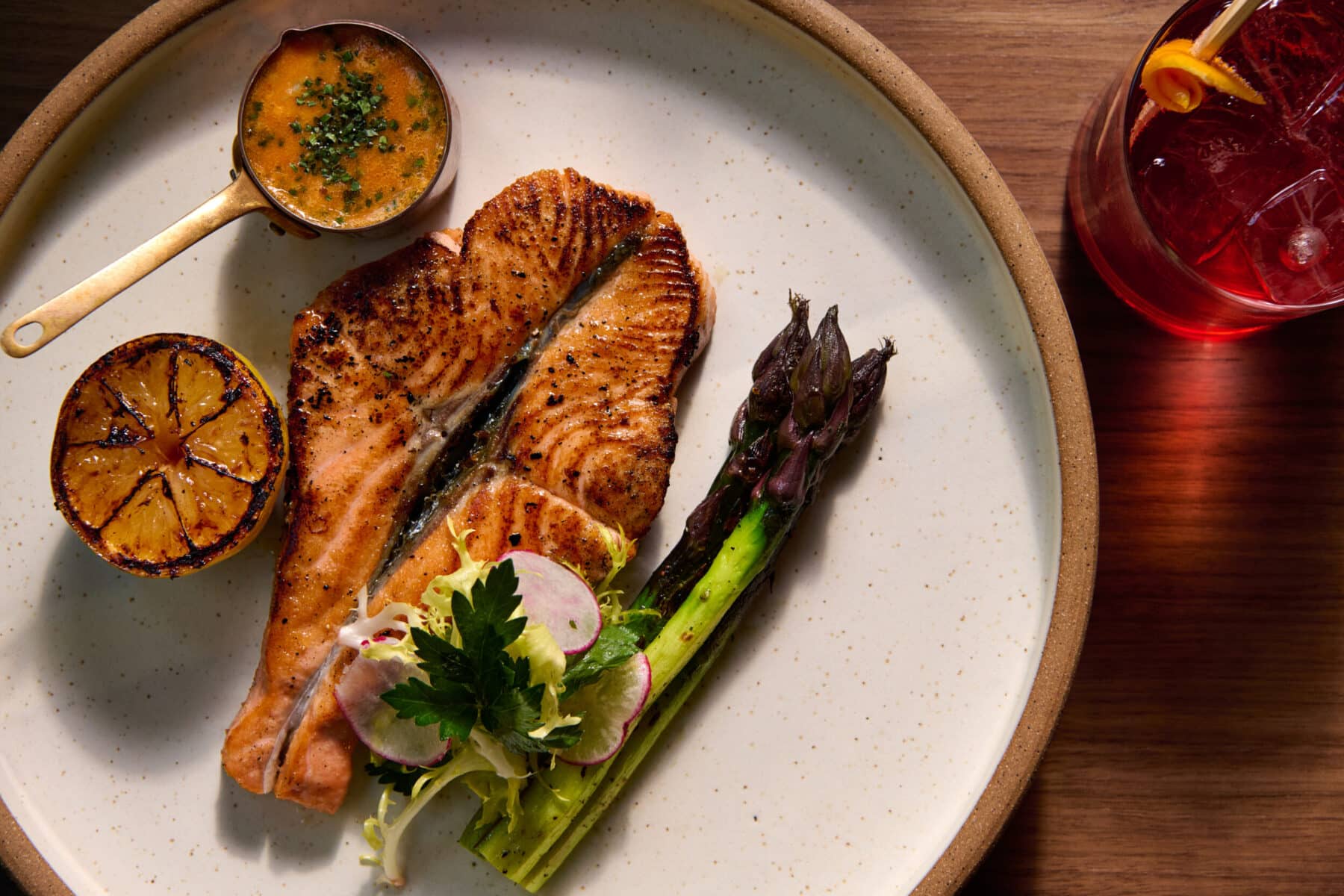 Wild Salmon with asparagus and charred lemon